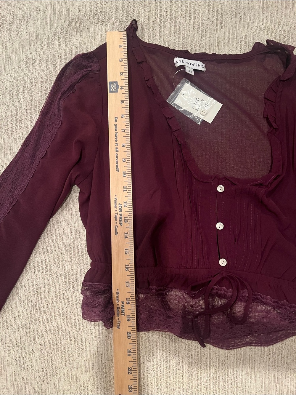 And Now This Women's Plum Sheer Lace Ruffle-Trim Crop Top Long Puff Sleeves - Picture 6 of 6